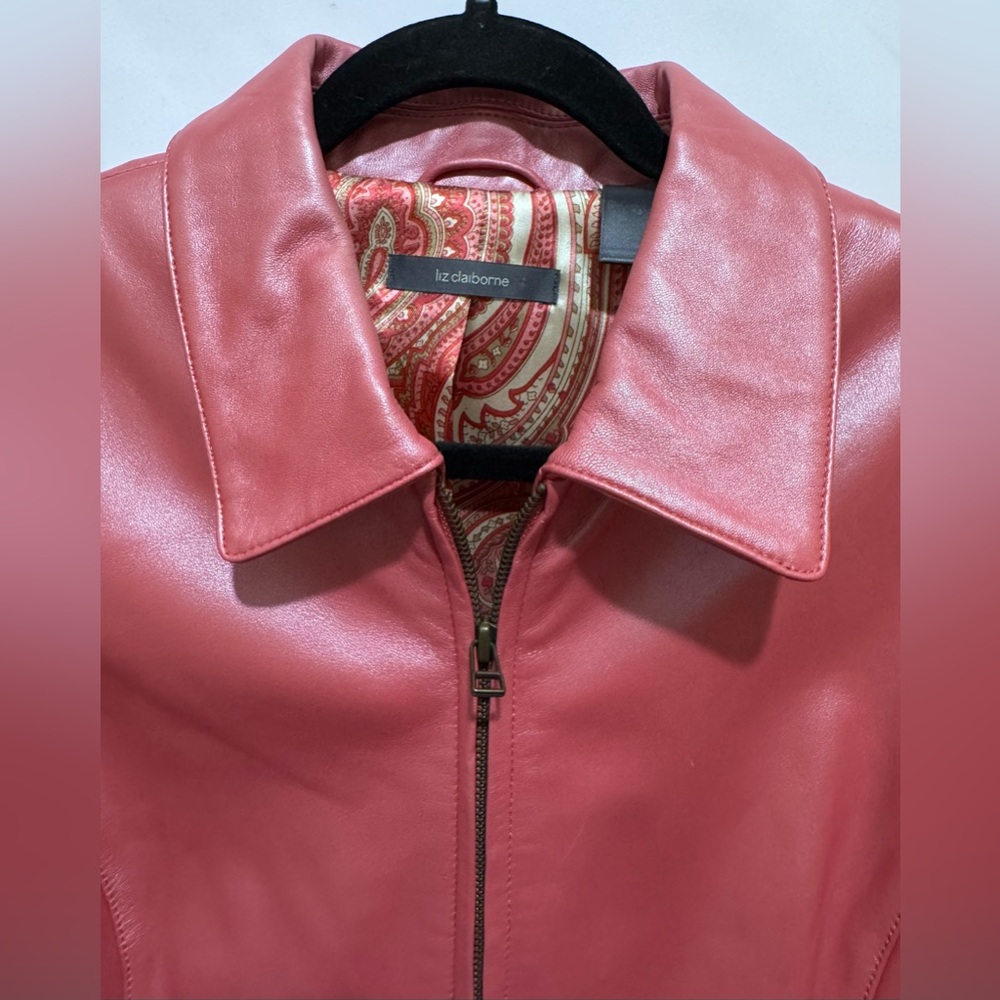 Liz Claiborne Pink Salmon Soft Leather Jacket Full Zip Paisley Lined  Women’s 14 - Picture 6 of 16
